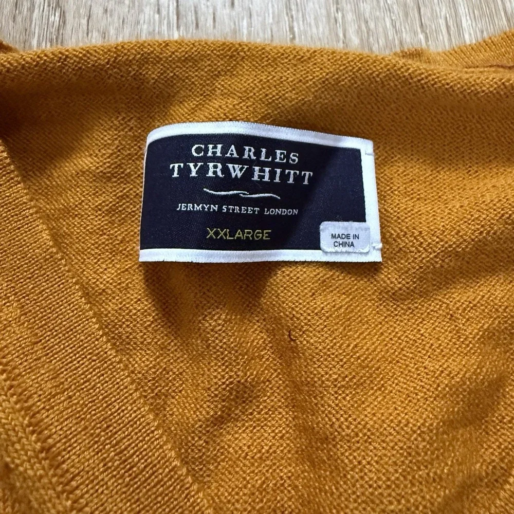 Charles Tyrwhitt Jumper Mens XXL 100% Merino Wool V-Neck Pullover Sweater Yellow